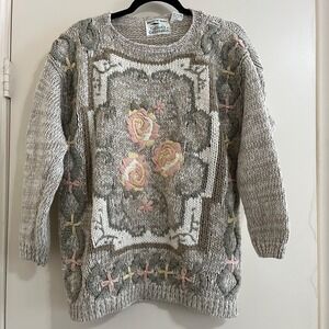 Vtg Women Hand knitted Embroidered Sweater Top Medium Cottage Granny Boho Indie